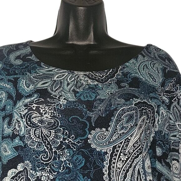 Roz & Ali Paisley Print Long‎ Sleeve Tunic Top M Blue/Teal Stretchy Rayon Blend - Picture 3 of 6